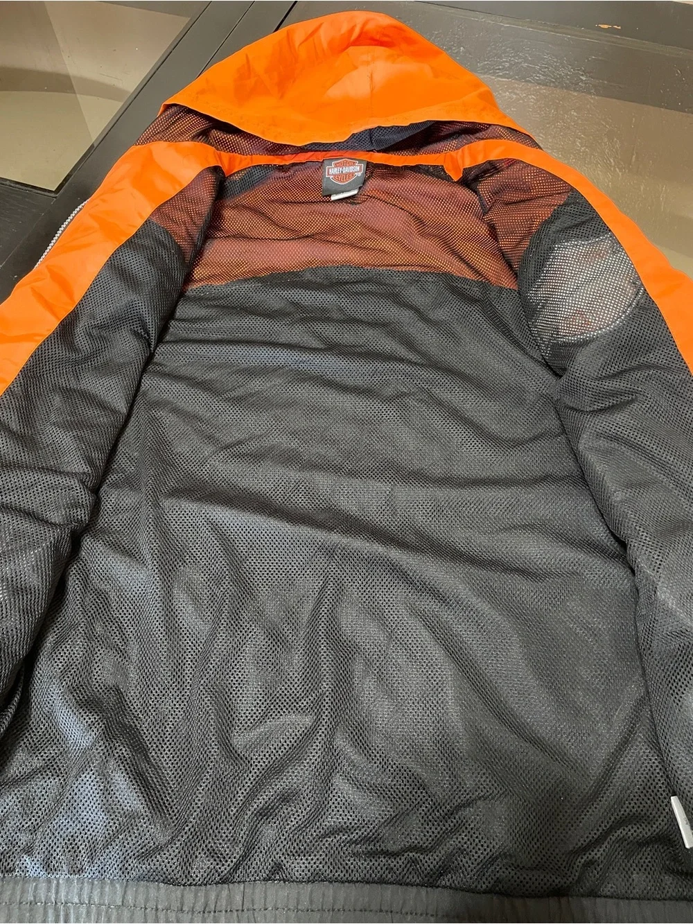 Harley-Davidson Jacket Orange Black Hooded Logo Flame Windbreaker Zip
